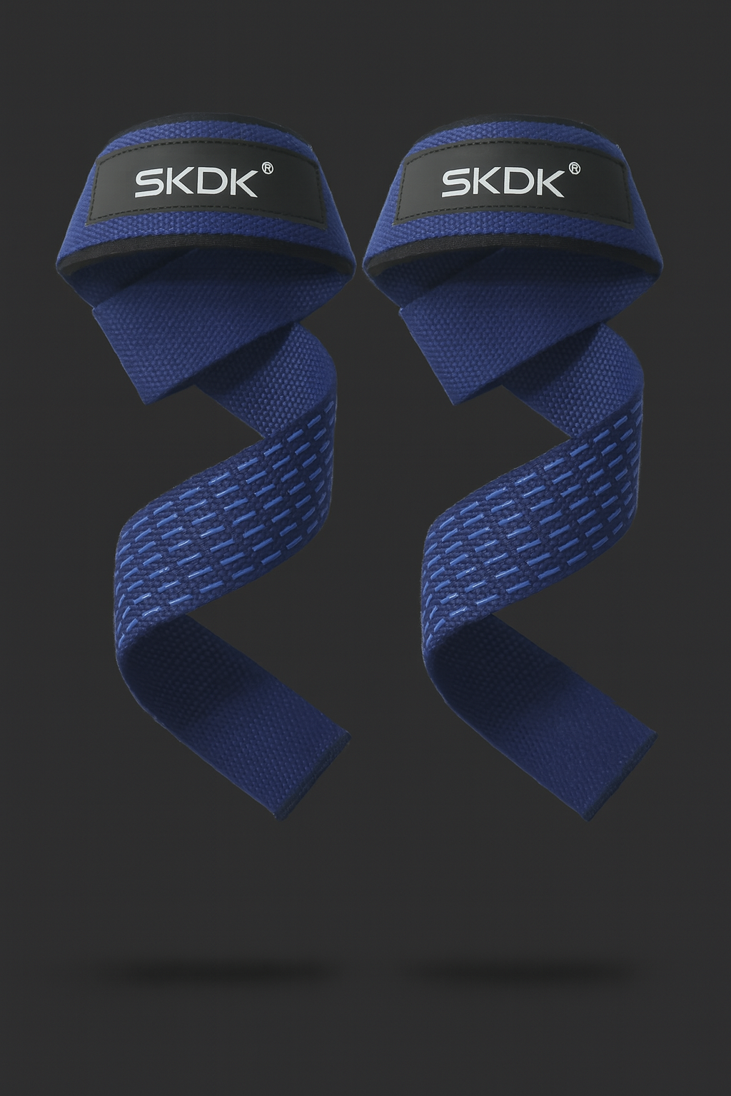 Two blue wrist wraps with SKDK branding on a black background