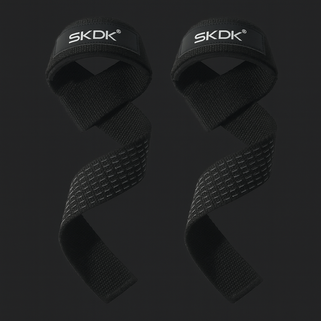 Two black wrist wraps with 'SKDK' branding on a dark background